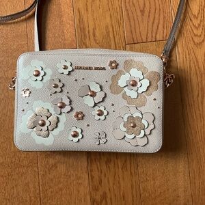 Michael Kors Cream and Gold Crossbody Bag with Floral Embellishments